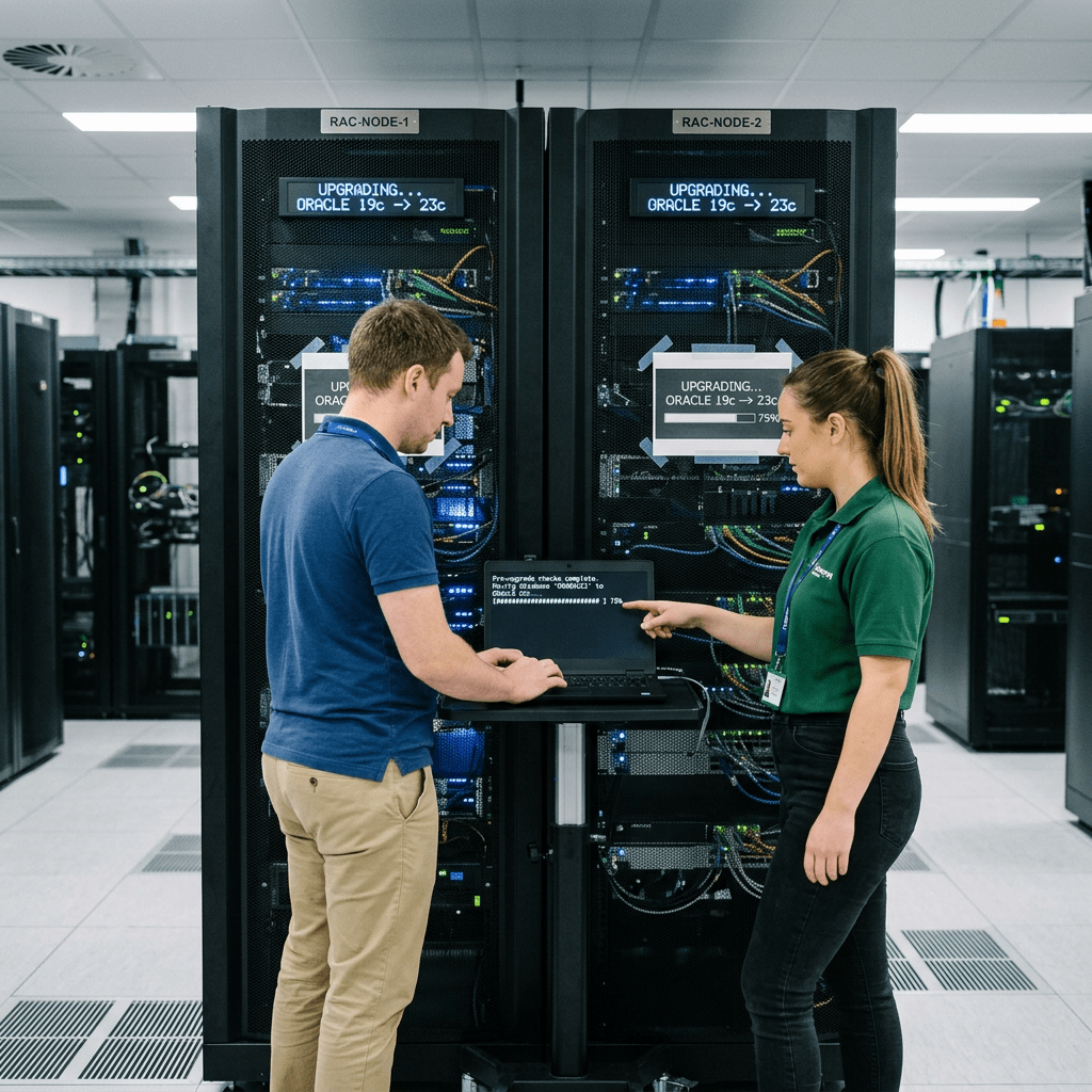 Two technicians monitoring Oracle 19c to 23c upgrades in a server room