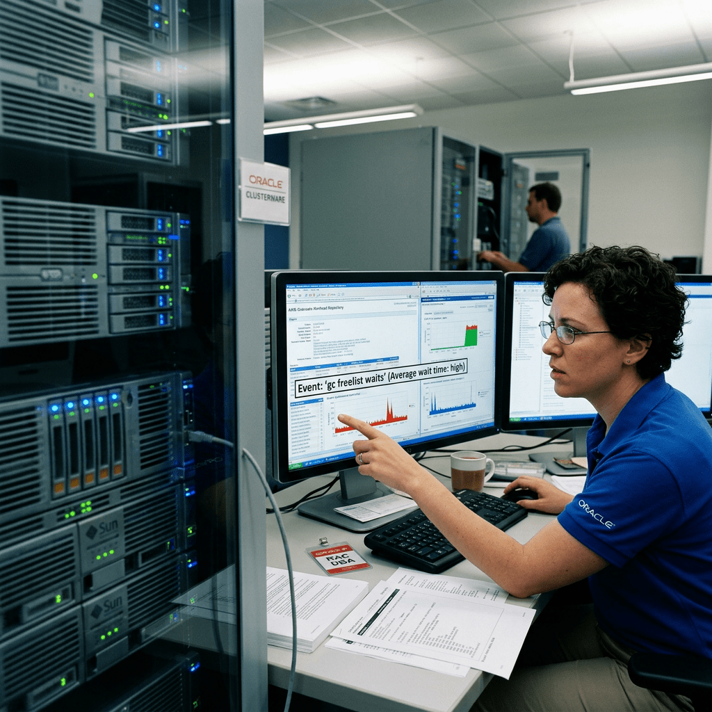 Oracle technician monitors clusterware servers and high event wait times