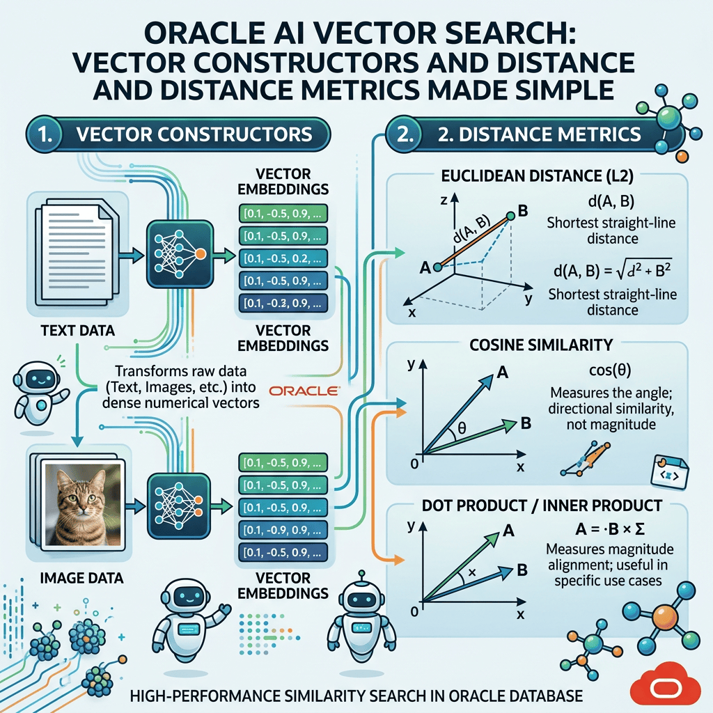 Infographic explaining Oracle AI vector embeddings, Euclidean distance, cosine similarity, and dot product.