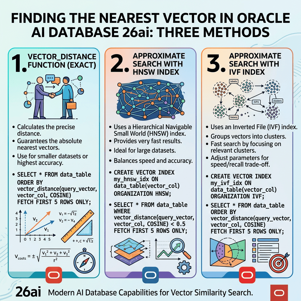 Infographic titled FINDING THE NEAREST VECTOR IN ORACLE AI DATABASE 26ai: THREE METHODS, comparing VECTOR_DISTANCE exact search, approximate HNSW search, and approximate IVF search, with descriptions and SQL examples.
